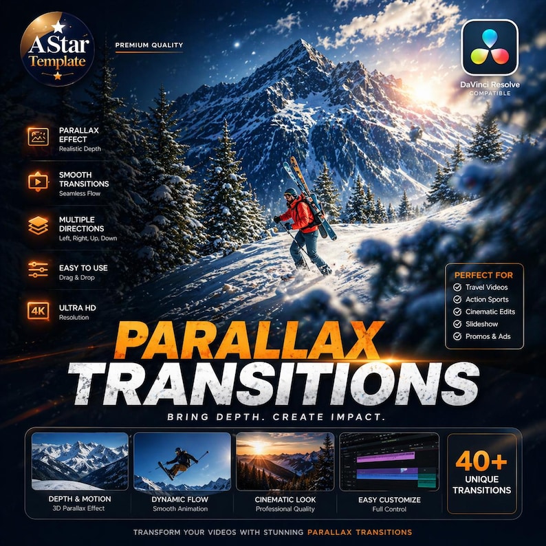 May include: A promotional image for video editing templates. The image features a snowy mountain scene with a skier. Text includes "Parallax Transitions" and "40+ Unique Transitions." Additional text highlights features like "Depth & Motion" and "Easy to Use."