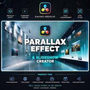Puede incluir: Gráfico promocional para el software DaVinci Resolve, con el texto "Parallax Effect & Slideshow Creator". La imagen destaca características como la fácil personalización y uso, con iconos para presentaciones de fotos, vídeos de viajes y contenido de redes sociales.