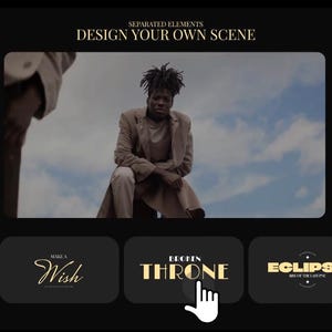 Puede incluir: Una interfaz digital con el texto "DESIGN YOUR OWN SCENE" y un v&iacute;deo de una persona con un atuendo beige. Debajo del v&iacute;deo hay botones con las palabras "Make a Wish", "BEGIN THRONE" y "ECLIPSE". Un cursor de mano se cierne sobre el bot&oacute;n "BEGIN THRONE".