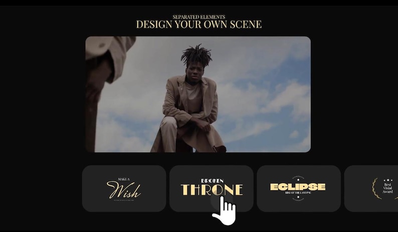 Puede incluir: Una interfaz digital con el texto "DESIGN YOUR OWN SCENE" y un v&iacute;deo de una persona con un atuendo beige. Debajo del v&iacute;deo hay botones con las palabras "Make a Wish", "BEGIN THRONE" y "ECLIPSE". Un cursor de mano se cierne sobre el bot&oacute;n "BEGIN THRONE".