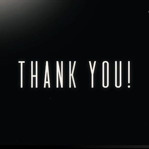 May include: A stark black background with the words "THANK YOU!" in bold, white, sans-serif font. The exclamation point is prominent. Small text and a logo are at the bottom. The overall design is minimalist and modern.
