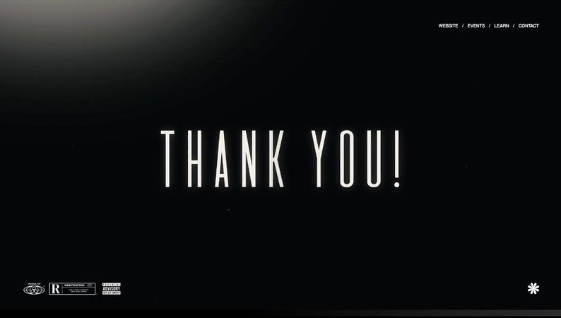 May include: A stark black background with the words "THANK YOU!" in bold, white, sans-serif font. The exclamation point is prominent. Small text and a logo are at the bottom. The overall design is minimalist and modern.