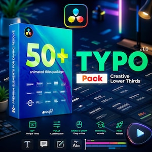 May include: A blue and teal software box for 50+ TYPO animated titles package for DaVinci Resolve. The box features the text 50+ TYPO Pack Creative Lower Thirds, v. 1.0, and icons for drag and drop, tutorial, and fast render features.