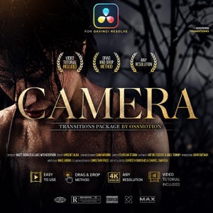 May include: Promotional image for a "CAMERA" transitions package for DaVinci Resolve. The design features a dark, cinematic aesthetic with gold text and laurel wreaths. Includes icons for easy use, drag & drop, 4K resolution, and video tutorial.