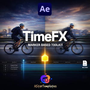 May include: A promotional image for a video editing toolkit, featuring the text "TimeFX" and "Marker Based Toolkit." The image shows a cyclist on a road, with the Adobe After Effects logo in the upper left corner. The bottom of the image has a logo and the text "AStarTemplates."