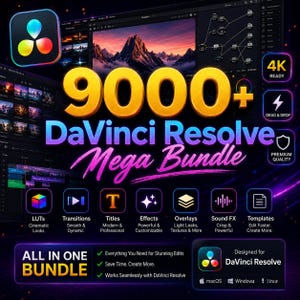 May include: A promotional graphic for DaVinci Resolve Mega Bundle, with the text "9000+" in gold, and "DaVinci Resolve Mega Bundle" in purple. The image includes icons for LUTs, transitions, titles, effects, overlays, sound FX, and templates. It also states "All in One Bundle".