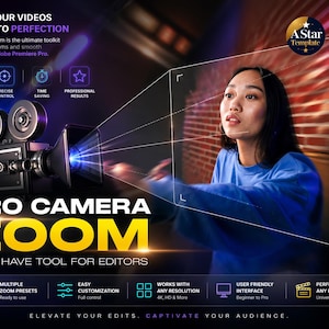 Op de afbeelding: Promotieafbeelding voor Pro Camera Zoom, een toolkit voor Adobe Premiere Pro. De afbeelding toont een vrouw in een blauwe blouse, een vintage filmcamera en de tekst "PRO CAMERA ZOOM". De afbeelding benadrukt functies zoals soepel zoomen en eenvoudige aanpassing.