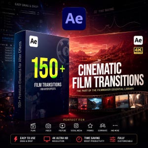 May include: A promotional image for After Effects film transitions. The image features a dark box with "150+ Film Transitions" and a cinematic landscape. Includes icons for films, videos, YouTube, social media, promos, and corporate use.