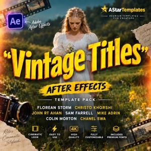Può includere: Un pacchetto di modelli digitali per Adobe After Effects intitolato Vintage Titles. L'immagine mostra una persona con un abito bianco in un campo, un obiettivo fotografico, strisce di pellicola e testo che elenca funzioni come 4K e font premium.