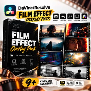 May include: A DaVinci Resolve film effect overlay pack box featuring text and eight sample video frames displaying various cinematic styles including light leaks, film grain, vintage film, film burn, damage noise, lens flare, motion blur, and frames.