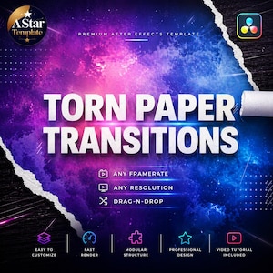 May include: A digital graphic promoting "Torn Paper Transitions" for video editing. The design features a vibrant purple and blue cosmic background with the text in large white letters. Additional icons and text highlight features like "Any Framerate" and "Drag-N-Drop".
