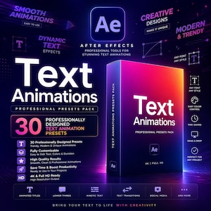 Puede incluir: Gráfico promocional para ajustes preestablecidos de animación de texto de After Effects. El diseño presenta una caja degradada púrpura y rosa con el texto "Text Animations" y "Professional Presets Pack". Texto adicional destaca características como 30 ajustes preestablecidos.