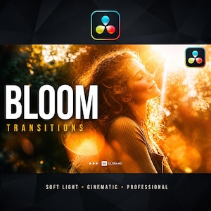 May include: Image features the text "BLOOM TRANSITIONS" in large white letters, with a woman in the background. The image has a warm, golden color palette, with the words "SOFT LIGHT • CINEMATIC • PROFESSIONAL" at the bottom.