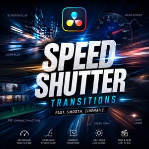 Op de afbeelding: Promotionele afbeelding voor "Speed Shutter Transitions" met een snelheidsmeter, bewegingsonscherpte-effecten en het DaVinci Resolve-logo. De tekst bevat "Fast. Smooth. Cinematic." en pictogrammen voor dynamische overgangen, snelheidsverloop en lichtlekken.