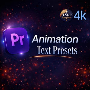 May include: A digital graphic with a dark blue and black background, featuring the text "Animation Text Presets" in white. A purple "Pr" logo is in the upper left corner, with "4k" in the upper right. The image also includes the text "AStar Templates".