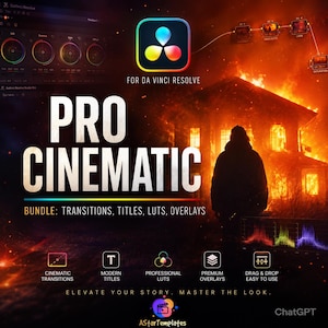 May include: A promotional image for DaVinci Resolve software, featuring the text "PRO CINEMATIC" and a bundle of transitions, titles, LUTs, and overlays. The image includes a logo and the tagline "Elevate your story. Master the look."
