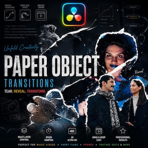 May include: A promotional graphic for "Paper Object Transitions" with a dark background and torn paper effect. The image features a colorful logo, text, and icons highlighting features like multi-layer control and 4K Ultra HD. The tagline is "Tear. Reveal. Transform."