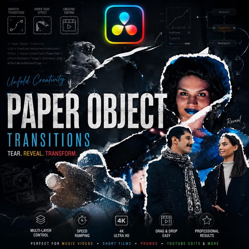May include: A promotional graphic for "Paper Object Transitions" with a dark background and torn paper effect. The image features a colorful logo, text, and icons highlighting features like multi-layer control and 4K Ultra HD. The tagline is "Tear. Reveal. Transform."