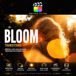 Könnte beinhalten: Werbebild für Final Cut Pro-Übergänge. Das Wort "BLOOM" steht in großen weißen Buchstaben, darunter "TRANSITIONS". Zu den Funktionen gehören 4K-Auflösung, sanfte Übergänge, Blüteneffekte, einfaches Drag & Drop, anpassbare Intensität und breite Kompatibilität.