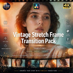 May include: A promotional image for a video editing template pack. The central text reads "Vintage Stretch Frame Transition Pack" with "11 Transitions" listed below. The image features a woman and icons for various video effects, including light leaks and color grading.
