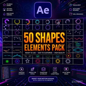 May include: A digital graphic design featuring the Adobe After Effects logo and the text "50 SHAPES ELEMENTS PACK." The design includes various animated shapes, icons, and the phrases "Ready to Use," "Easy to Customize," and "High Quality."