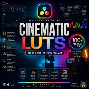 Pode incluir: Gráfico promocional para DaVinci Resolve com o texto "CINEMATIC LUTS". A imagem destaca recursos como gradação de cores profissional, fluxo de trabalho 3D LUT e mais de 100 LUTs premium. O design utiliza um esquema de cores moderno com texto em negrito e cores vibrantes.