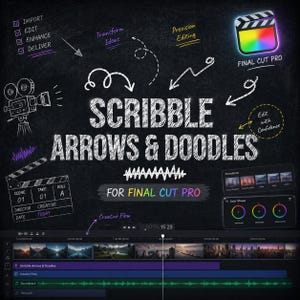 May include: A chalkboard-style graphic promoting "Scribble Arrows & Doodles" for Final Cut Pro. The image features hand-drawn elements like arrows, a film clapper, and a video editing timeline. Text includes "Transform Ideas" and "Edit with Confidence."
