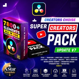 May include: A promotional graphic for a "Super Creators Pack" with the text "7800+ Elements All in One Creators Pack." The design features a purple and blue background with product boxes, a YouTube logo, and icons for features like 4K resolution and fast render.