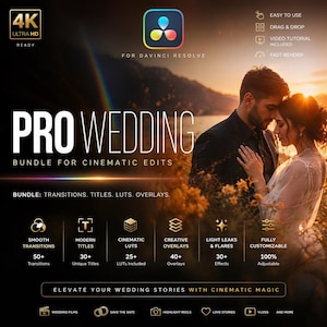 May include: Promotional image for a "Pro Wedding" video editing bundle. The image shows a couple embracing, with text overlaying the image. The bundle includes transitions, titles, LUTs, and overlays. The image also highlights features like "Easy to Use" and "Fully Customizable."