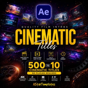 Puede incluir: Un paquete de plantillas digitales para Adobe After Effects con el texto Cinematic Titles, Quality Film Intros, 500 to 10 Cinematic Titles y No Plugins Required. El diseño incluye múltiples ventanas de vista previa, iconos y soporte 4K.