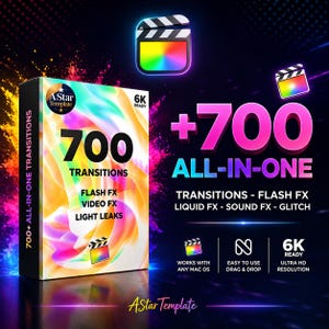 Puede incluir: Una caja de producto con el texto "700 Transitions" y "All-in-One". La caja está rodeada de gráficos coloridos y el texto "Flash FX, Video FX, Light Leaks". La imagen también incluye el texto "6K Ready" y "Ultra HD Resolution".