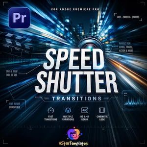 Peut inclure: Visuel bleu foncé avec le texte "SPEED SHUTTER TRANSITIONS". L'image comprend des icônes pour des transitions rapides, plusieurs variations, HD & 4K, et un aspect cinématographique. Le logo Adobe Premiere Pro est visible.