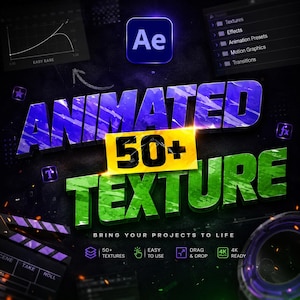 Pode incluir: Gráfico promocional de texturas animadas. O texto "ANIMATED 50+ TEXTURE" está em azul e verde. A imagem apresenta o logotipo "Ae" e frases como "BRING YOUR PROJECTS TO LIFE". Ícones indicam recursos como "Drag & Drop" e "4K Ready".
