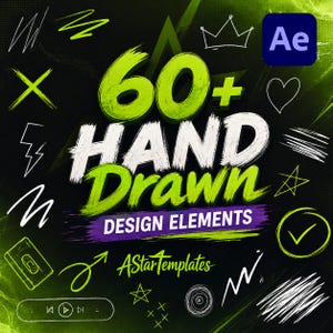 Peut inclure: Un graphique numérique présentant le texte 60+ HAND DRAWN DESIGN ELEMENTS et AStarTemplates en vert citron et blanc sur un fond noir. L'image comprend divers gribouillages dessinés à la main comme des étoiles, des cœurs, des flèches et une cassette.