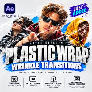 May include: An After Effects template featuring plastic wrap wrinkle transitions. The graphic displays three people, text reading JUST ADDED, AFTER EFFECTS PLASTIC WRAP WRINKLE TRANSITIONS, and technical specifications including 10 transitions, HD, 4K, and customizable settings.