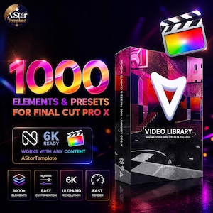 Peut inclure: Une boîte de produit avec le texte "1000 ELEMENTS & PRESETS FOR FINAL CUT PRO X" et "VIDEO LIBRARY". La boîte présente un logo en forme de V blanc et une icône de clap de cinéma colorée. Le texte supplémentaire comprend "6K READY" et "ULTRA HD RESOLUTION".