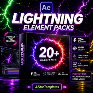 May include: A digital product box labeled Lightning Element Packs featuring a glowing purple and red circular lightning graphic. The box displays text including 20+ Elements, Drag & Drop Easy to Use, and 4K Resolution. The background shows lightning.