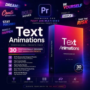Puede incluir: Una caja de producto para Animaciones de Texto de Premiere Pro, con un degradado de púrpura, rosa y naranja. La caja muestra "Text Animations" y "30 Presets". Texto adicional destaca características como resolución 4K y diseño profesional.