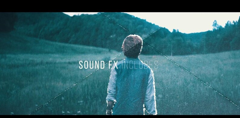 May include: A person stands in a field, facing away from the camera, with the text "SOUND FX INCLUDES" overlaid. The scene is bathed in a cool, blue-green light, with mountains in the background.
