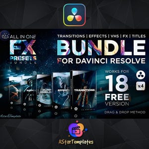Może przedstawiać: Obraz promocyjny pakietu ustawień wstępnych FX dla DaVinci Resolve. Obraz zawiera tekst "FX Presets Bundle" i "Transitions | Effects | VHS | FX | Titles". Zawiera również tekst "Works for 18 Free Version" i "Drag & Drop Method".