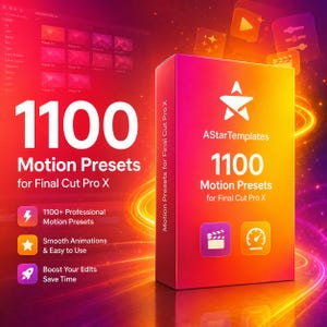 Op de afbeelding: Een rechthoekige productdoos met een levendig roze en oranje verloop, gelabeld AStarTemplates 1100 Motion Presets for Final Cut Pro X. De doos toont een wit sterlogo, een filmklapper-icoon en een snelheidsmeter-icoon tegen een gloeiende achtergrond.