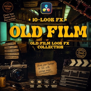 May include: Promotional image for an "Old Film" look FX collection. The image features a vintage camera, film reel, and a clapperboard. Text includes "Vintage Vibes," "10-Look FX," and "Old Film Look FX Collection."