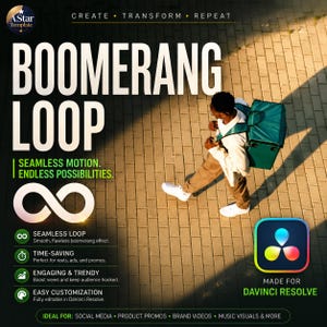 May include: A digital template graphic for DaVinci Resolve titled Boomerang Loop. It features a person walking with a green delivery backpack, an infinity symbol, and text including Create, Transform, Repeat, Seamless Motion, and Endless Possibilities.