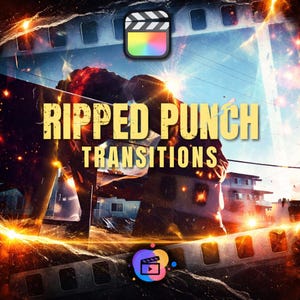 May include: A digital artwork featuring the text "RIPPED PUNCH TRANSITIONS" in yellow, set against a fiery, cinematic backdrop. The image includes a film strip and a colourful video editing software icon, suggesting video editing assets.