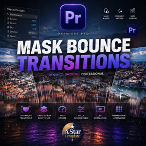 Puede incluir: Un gráfico promocional para transiciones de Premiere Pro. La imagen presenta el texto "MASK BOUNCE TRANSITIONS" en blanco y morado, con el logotipo de Premiere Pro. El texto adicional incluye "DYNAMIC, SMOOTH, PROFESSIONAL" e iconos que indican características como la resolución 4K.