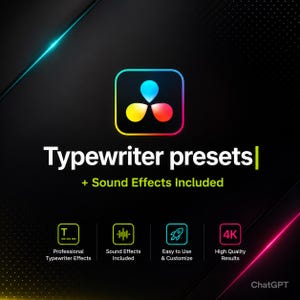 Może przedstawiać: Cyfrowa grafika przedstawiająca kolorową ikonę z trzema płatami nad tekstem Typewriter presets | + Sound Effects Included. Poniżej znajdują się cztery kwadratowe ikony z etykietami Professional Typewriter Effects, Sound Effects Included, Easy to Use & Customize oraz 4K High Quality Results.