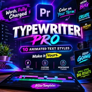 Puede incluir: Un gráfico digital para Typewriter Pro con 10 estilos de texto animados. El diseño muestra texto en neón morado y azul, incluyendo Words, Fully Charged, Dream Big, Create Something Amazing, Be Creative, Keep Going y Small Steps Big Results.