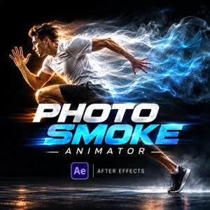 May include: A digital graphic featuring a runner in a white t-shirt and black shorts, surrounded by blue and orange smoke trails. The text reads PHOTO SMOKE ANIMATOR with an After Effects logo below. The design conveys motion and energy.