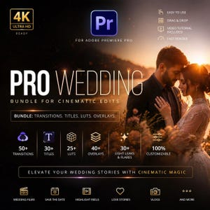 Puede incluir: Gráfico promocional para Adobe Premiere Pro, que presenta un paquete de edición de bodas. La imagen muestra a una pareja al atardecer. El texto incluye "PRO WEDDING" y detalles sobre transiciones, títulos, LUT y superposiciones. También hay iconos de películas de bodas y vlogs.