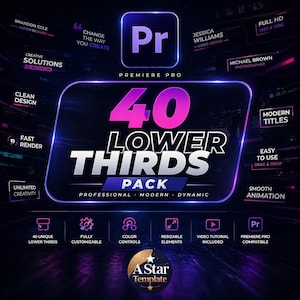 Könnte beinhalten: Grafik, die ein Premiere Pro Lower Thirds Pack bewirbt. Das Design zeigt das Premiere Pro Logo, den Text "40 LOWER THIRDS PACK" und weitere Texte, die Funktionen wie "Moderne Titel" und "Einfach zu bedienen" hervorheben.